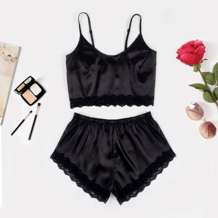 2-Piece Satin Lace Detail Camisole Sleepwear Set Black