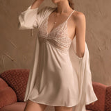 3-Piece Silk Embroidery Lace Sleepwear Set White