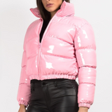 Glossy Faux Patent Leather Puffer Jacket Pink