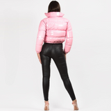 Glossy Faux Patent Leather Puffer Jacket Pink