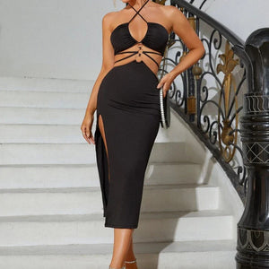 Cut Out Lace Up High Slit Maxi Dress Black