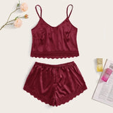 2-Piece Satin Lace Detail Camisole Sleepwear Set Red