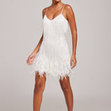 Sleeveless Fringed Sequin Feathered Mini Dress White