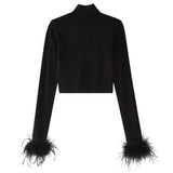 Feathered Long Sleeve Crop Top Black