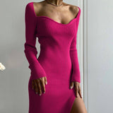 Knitted Long Sleeve Heart Collar Sweater Midi Dress Pink