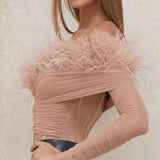 Feather Off Shoulder Long Sleeve Bodysuit Pink