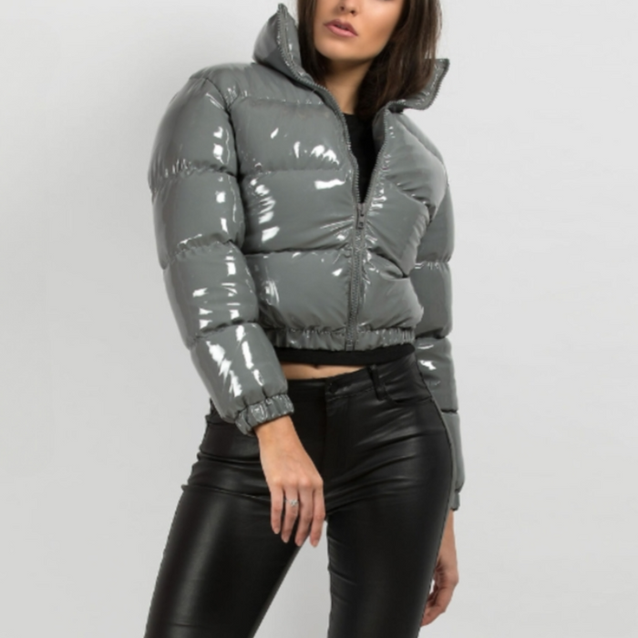 Glossy Faux Patent Leather Puffer Jacket Gray