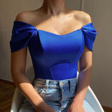 Satin Off Shoulder Top Blue