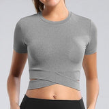 Short Sleeve Strappy Waist Workout Crop Top Gray