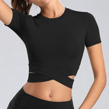 Short Sleeve Strappy Waist Workout Crop Top Black