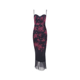 Floral Print Double-Layered Mesh Maxi Dress Black