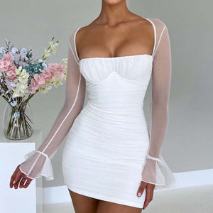 Two Layer Mesh Zipper Bodycon Mini Dress White