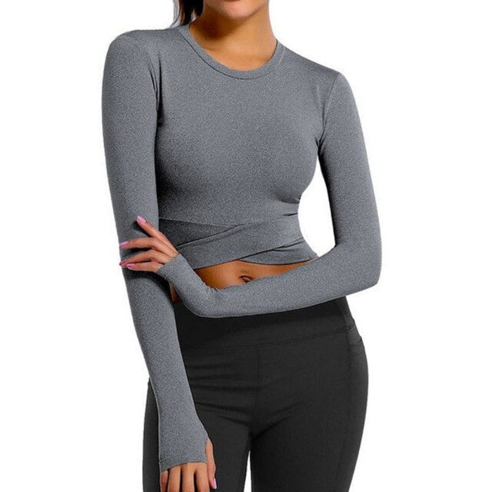 Long Sleeve Strappy Waist Workout Crop Top Dark Gray