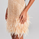 Sleeveless Fringed Sequin Feathered Mini Dress Champagne