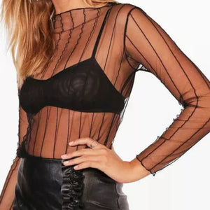 Mesh Layer Blouse Top Black Stripe