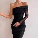 One Shoulder Long Sleeve Mesh Midi Dress Black