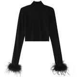 Feathered Long Sleeve Crop Top Black