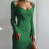 Knitted Long Sleeve Heart Collar Sweater Midi Dress Green