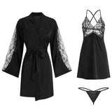 3-Piece Silk Embroidery Lace Sleepwear Set Black