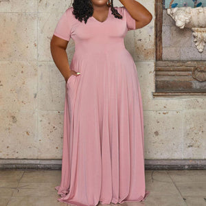 Plus Size Solid V Neck Maxi Dress Pink