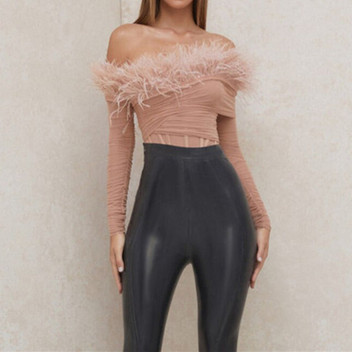 Feather Off Shoulder Long Sleeve Bodysuit Pink