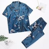 2-Piece Satin Short Sleeve Pants Sleepwear Set Blue Floral