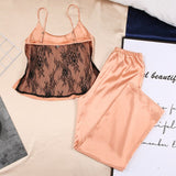 2-Piece Satin Lace Pants Sleepwear Set Peach