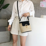 Metal Detail Straw Bucket Bag Black