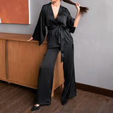 2-Piece Robe & Pants Sleepwear Set Black