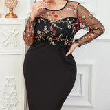 Plus Size Floral Mesh Embroidery Long Sleeve Midi Dress