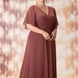 Plus Size Short Sleeve Chiffon Maxi Dress Rust