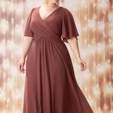 Plus Size Short Sleeve Chiffon Maxi Dress Rust