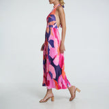 Capri Print Halter Neck Pleated Maxi Dress Pink