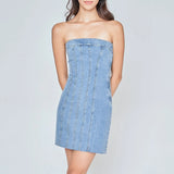 Distressed Denim Banded Strapless Bodycon Mini Dress Light Blue