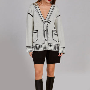 Doodle Graphic Knit Cardigan White