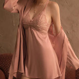 3-Piece Silk Embroidery Lace Sleepwear Set Pink