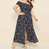 Plus Size Off Shoulder Floral Print Side Slit Maxi Dress Navy Blue