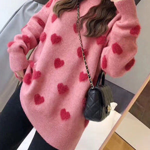 Soft Knitted Heart Print Sweater Red