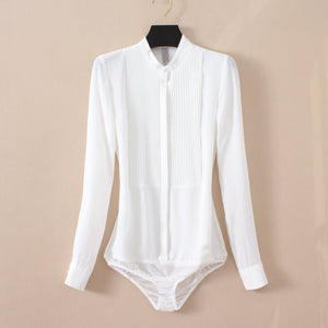 Long Sleeve Chiffon Blouse Bodysuit White