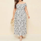 Plus Size Off Shoulder Floral Print Side Slit Maxi Dress White