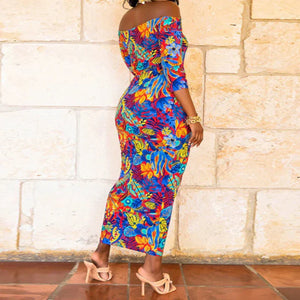 Plus Size Off Shoulder Colorful Print Short Sleeve Maxi Dress Multi