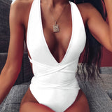 1-Piece V-Neck High Waist Swimsuit White