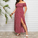 Plus Size Off Shoulder Floral Print Side Slit Maxi Dress Red