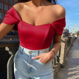 Satin Off Shoulder Top Red