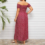 Plus Size Off Shoulder Floral Print Side Slit Maxi Dress Red