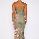 Sleeveless Floral Print V-Neck Slim Maxi Dress Green