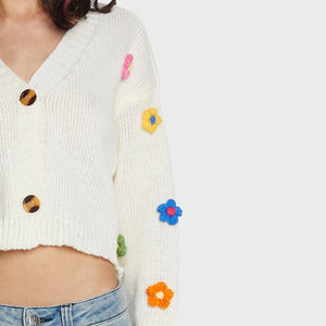 Knit Cochet Floral Cropped Cardigan White