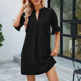 Notched Neck Flounce Sleeve Mini Dress Black