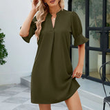 Notched Neck Flounce Sleeve Mini Dress Green