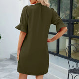 Notched Neck Flounce Sleeve Mini Dress Green